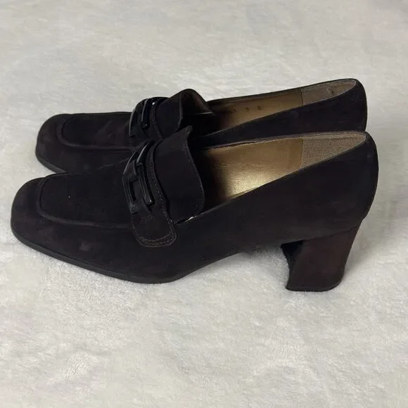 Stuart Weitzman Brown Suede Chain Link Pumps Block Heel Square Toe Womens Size 9 - Picture 5 of 12